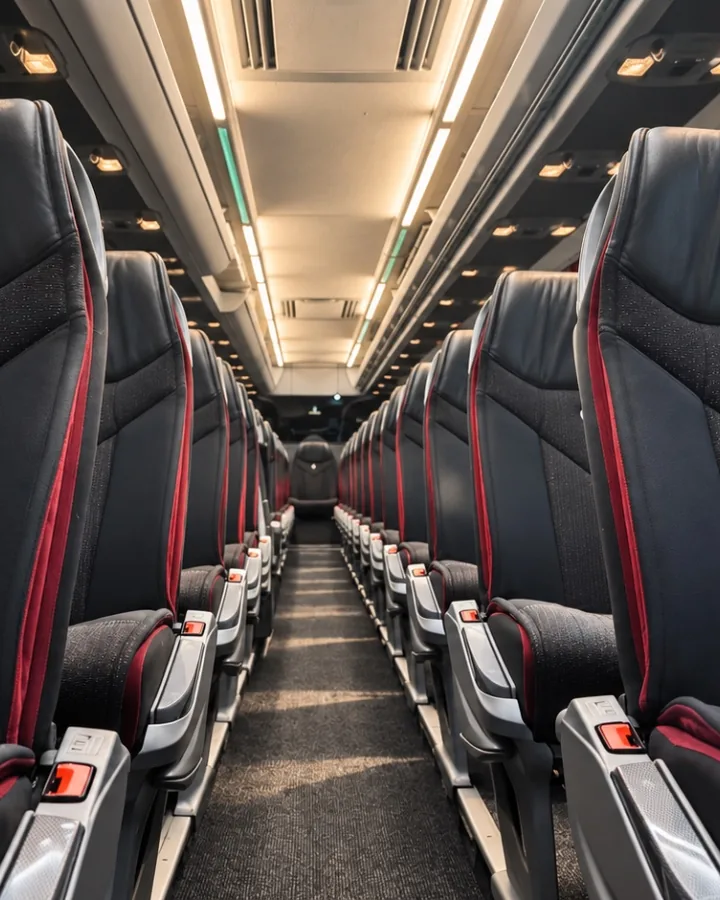 Sièges en cuir noir surpiqués de rouge à bord du Mercedes-Benz Travego de Voyages Stevic Sàrl