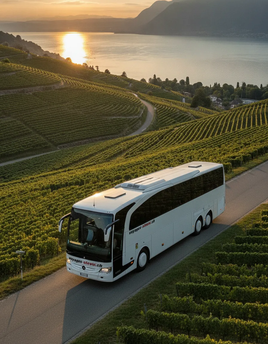 Autocar Mercedes-Benz Travego de Voyages Stevic Sàrl entre les vignes de Lavaux