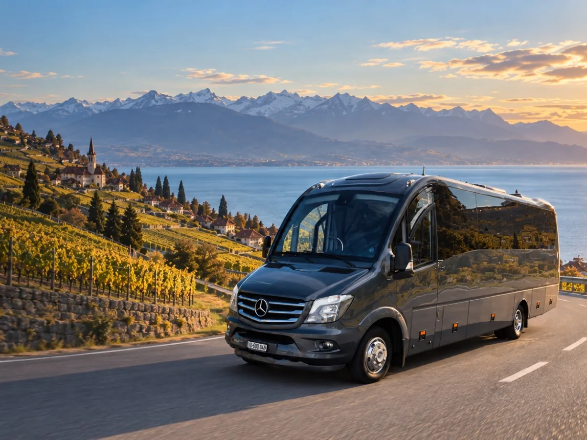 Minicar Mercedes-Benz Dyparro 27 places de Voyages Stevic Sàrl sur une route des vignobles de Lavaux