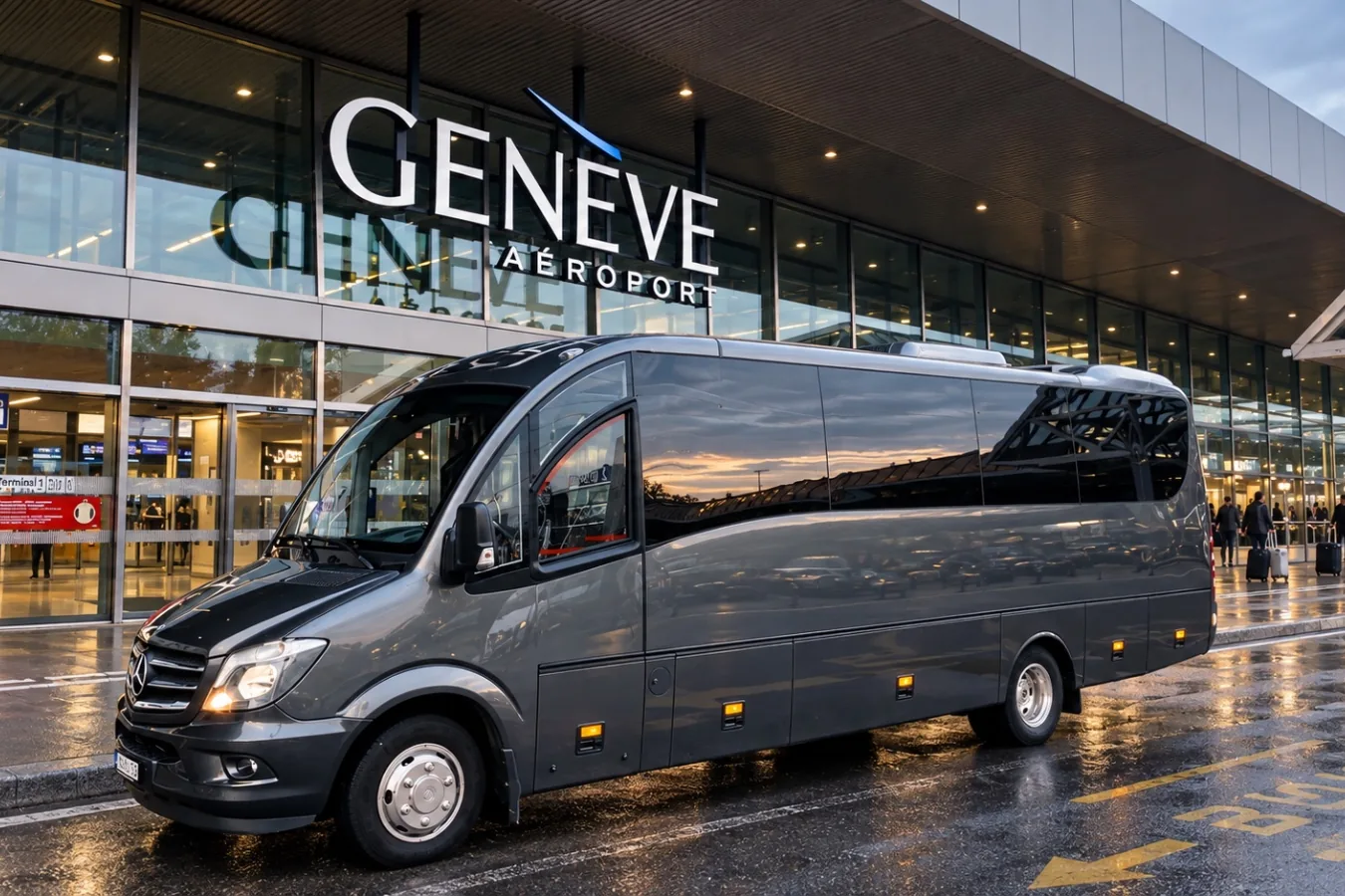 Minicar Mercedes-Benz Dyparro de Voyages Stevic Sàrl devant le terminal de Genève Aéroport