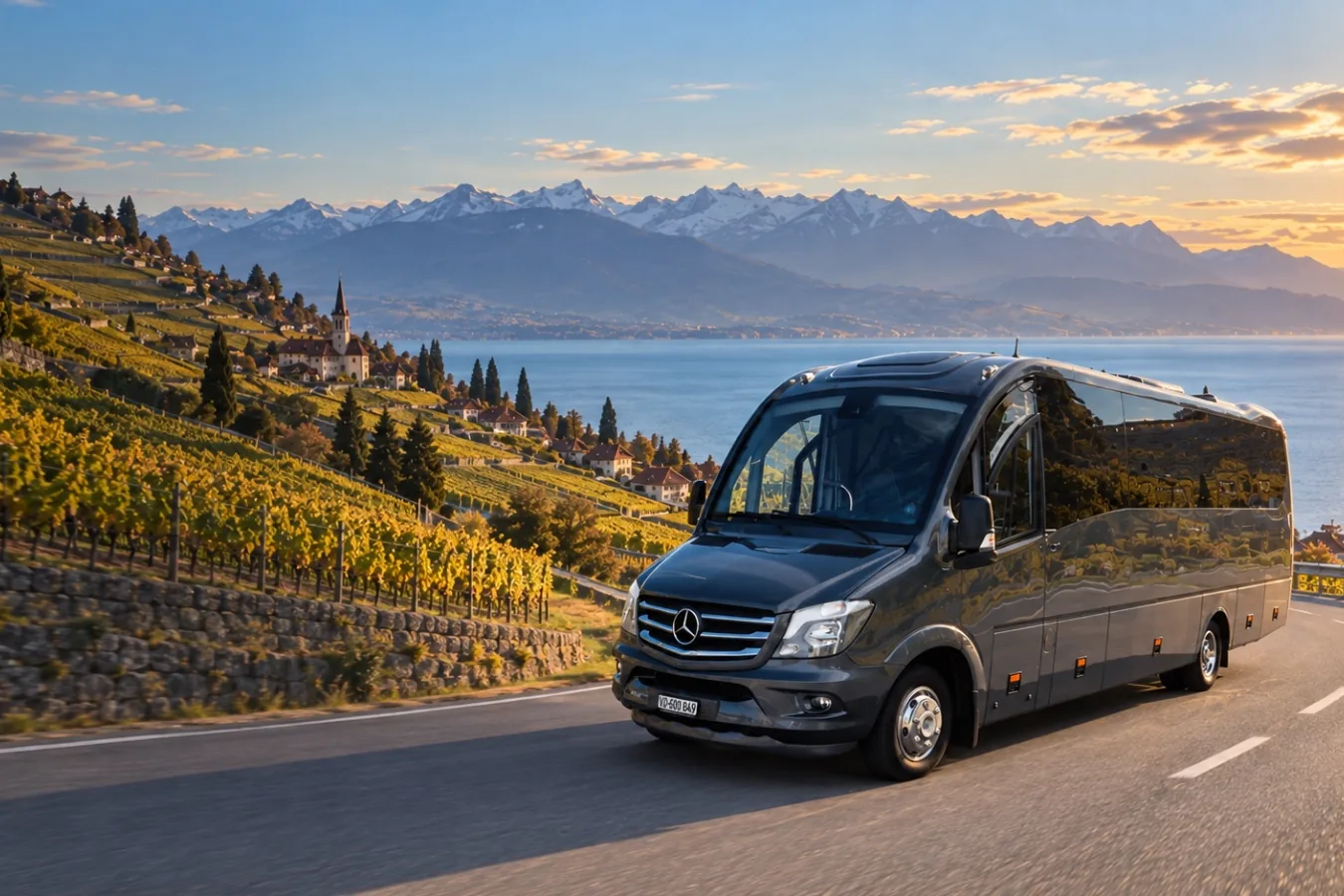 Minicar Mercedes-Benz Dyparro de Voyages Stevic Sàrl sur une route des vignobles de Lavaux, le lac et les Alpes en arrière-plan