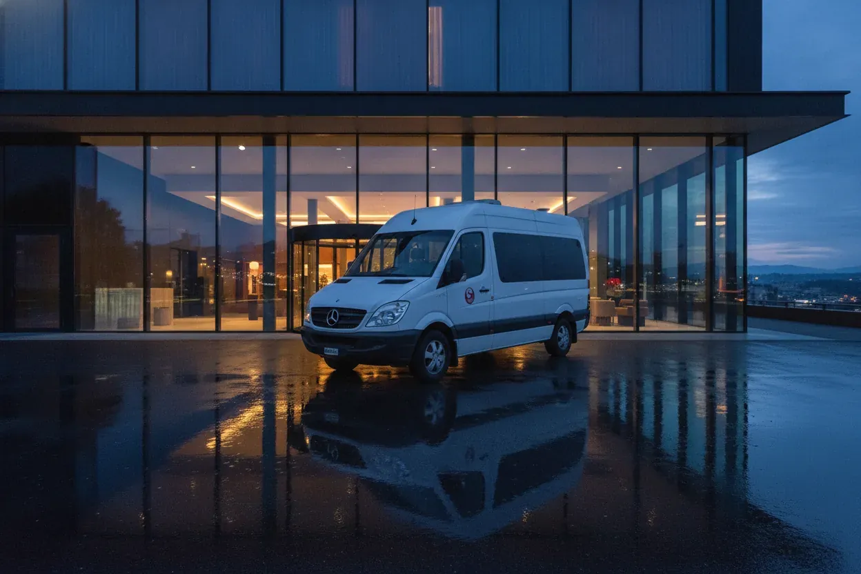 Minibus Mercedes-Benz Sprinter 13 places de Voyages Stevic Sàrl devant un hôtel à Lausanne