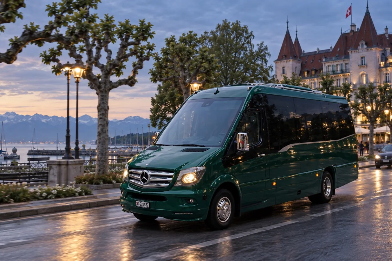 Minibus Mercedes-Benz Sprinter 17 places de Voyages Stevic Sàrl devant le château d'Ouchy à Lausanne