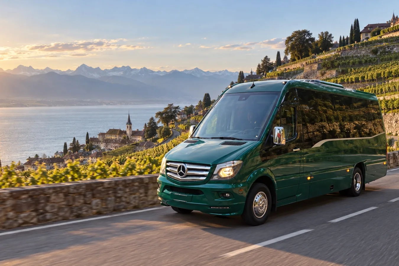 Minibus Sprinter 17 places de Voyages Stevic Sàrl sur une route des vignobles de Lavaux