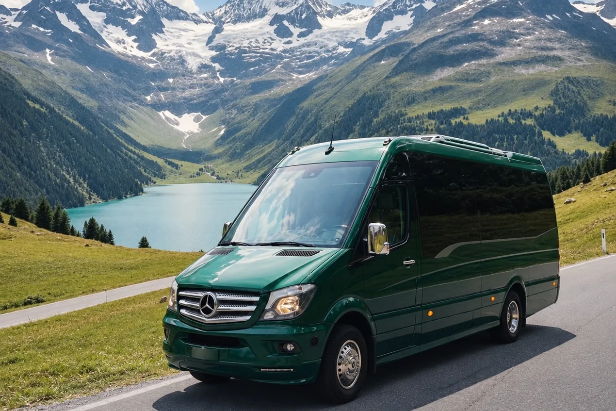 Minibus Sprinter 17 places de Voyages Stevic Sàrl sur une route de montagne au bord d'un lac alpin
